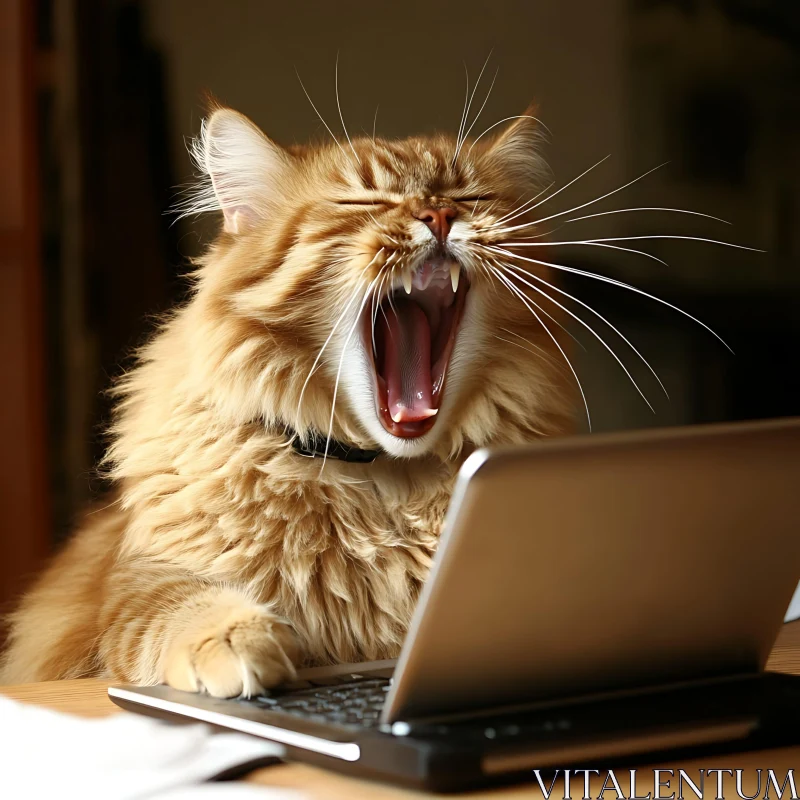 Yawning Fluffy Cat with Laptop AI Image