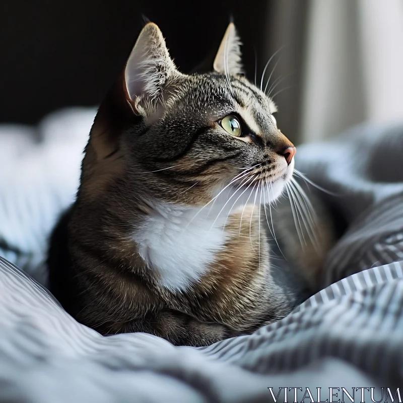 Green-Eyed Tabby Cat Resting AI Image