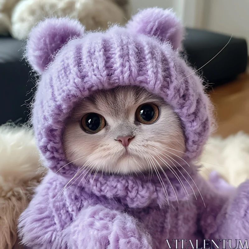 Cute Kitten Wearing Lilac Knitted Costume AI Image