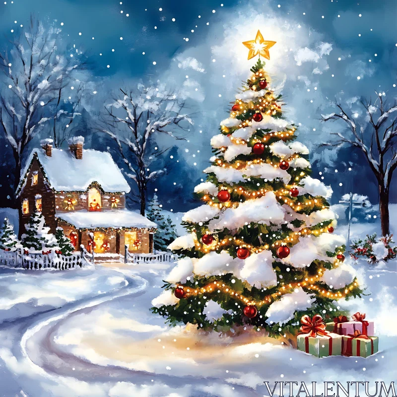 Snowy Christmas Tree Scene AI Image