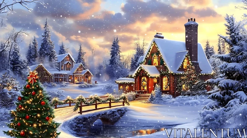 AI ART Scenic Snowy Christmas Landscape with Cottage