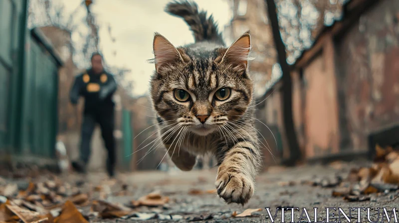 AI ART Energetic Cat in Motion on a Leaf-lined Street