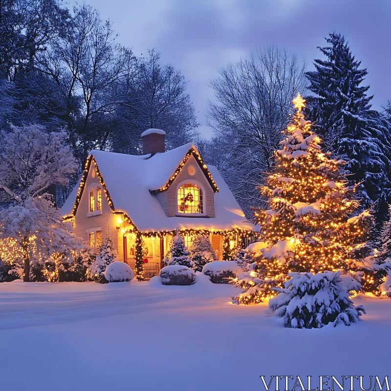 AI ART Festive Christmas Lights on a Snowy Cottage