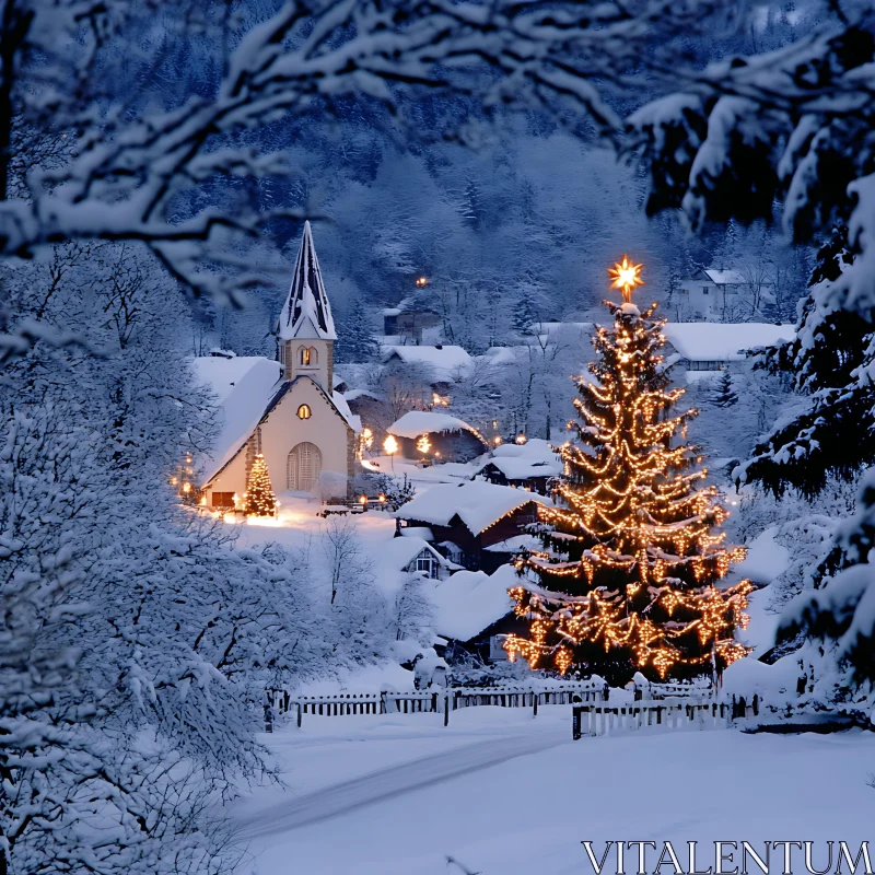 Snowy Village with Festive Christmas Lights AI Image