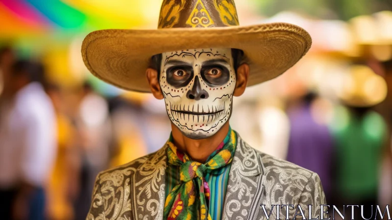 Captivating Image of a Man in a Sugar Skull Makeup and Traditional Costume AI Image