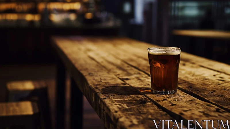 Close-Up of a Glass of Beer on a Wooden Table AI Image