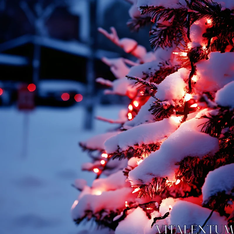 Festive Pine Tree with Snow and Red Lights AI Image