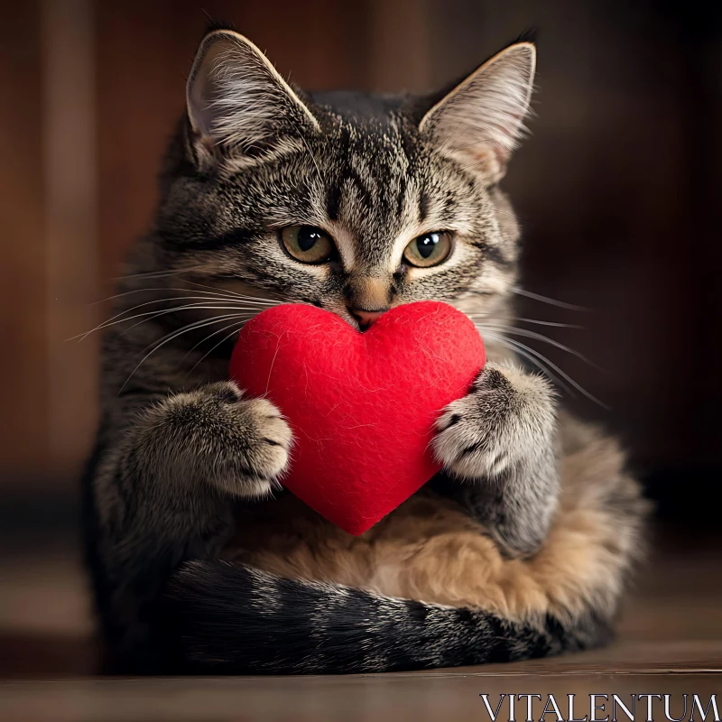 Cute Tabby Kitten with Red Heart AI Image