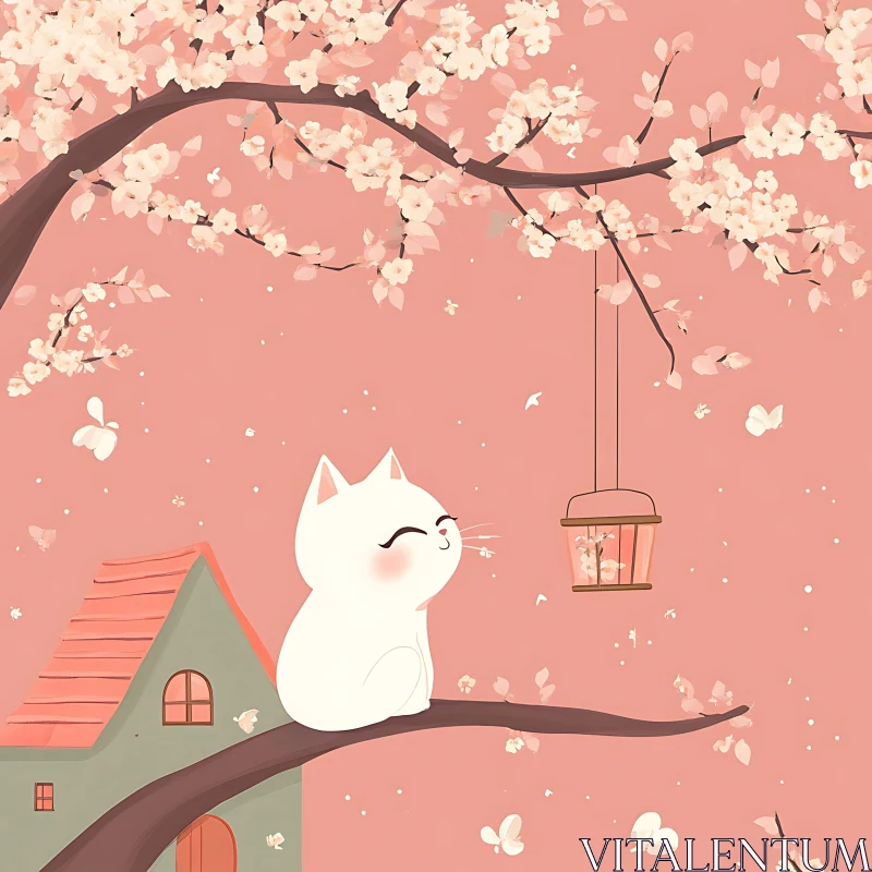 Enchanting Cat on Spring Branch AI Image