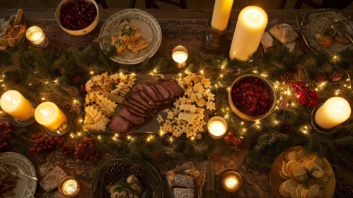 Exquisite Christmas Feast Table Setting with Roast Beef