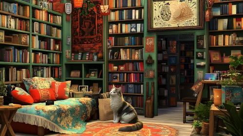 Comfortable Home Library with Cat and Books