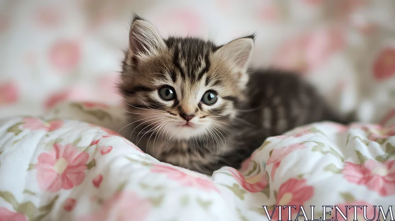 AI ART Cute Kitten Snuggled in Floral Bedding