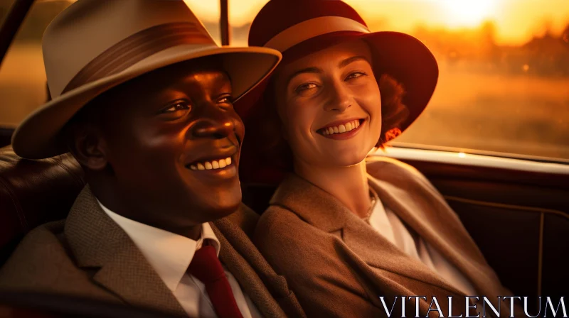 Joyous Couple in Vintage Car at Sunset - Warm Tones and Civil Rights Imagery AI Image