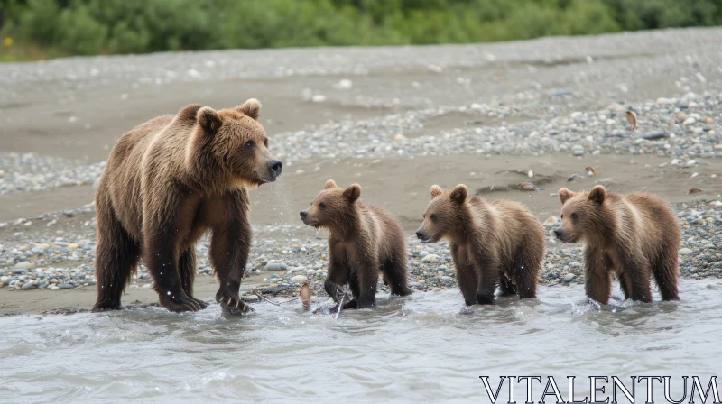 Powerful Sow Grizzly Bear and Cubs in a River - Captivating Wildlife Image AI Image