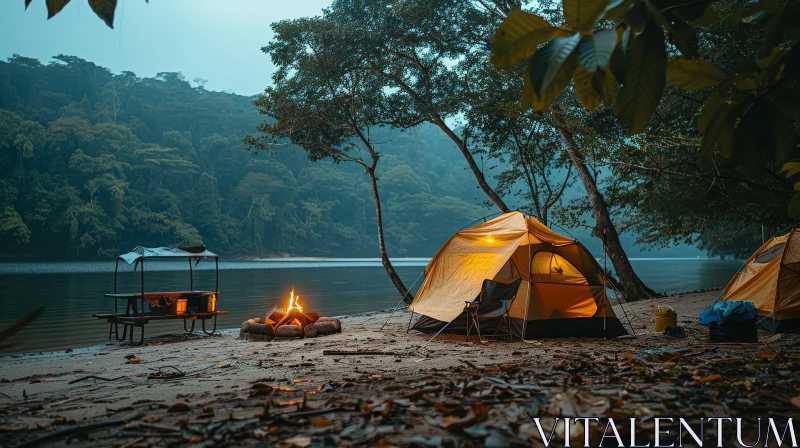 Tranquil Campsite by the River - Outdoor Adventure Scene AI Image