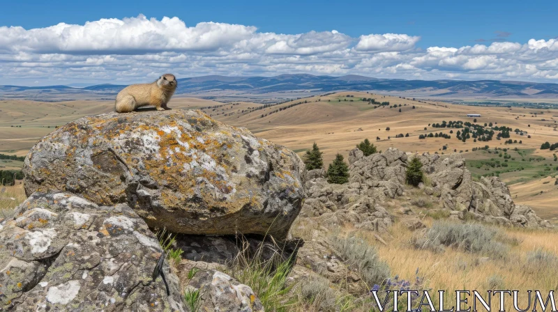 Yellow-Bellied Marmot Sitting on a Rock in a Rocky Field AI Image