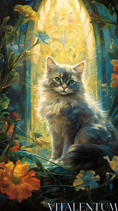 Fluffy Cat in a Magical Floral Setting AI Image