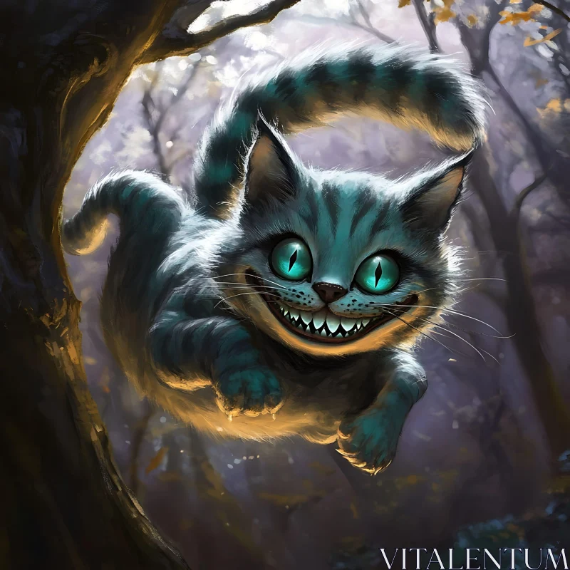 Mischievous Cat with Glowing Eyes in Fantasy Forest AI Image