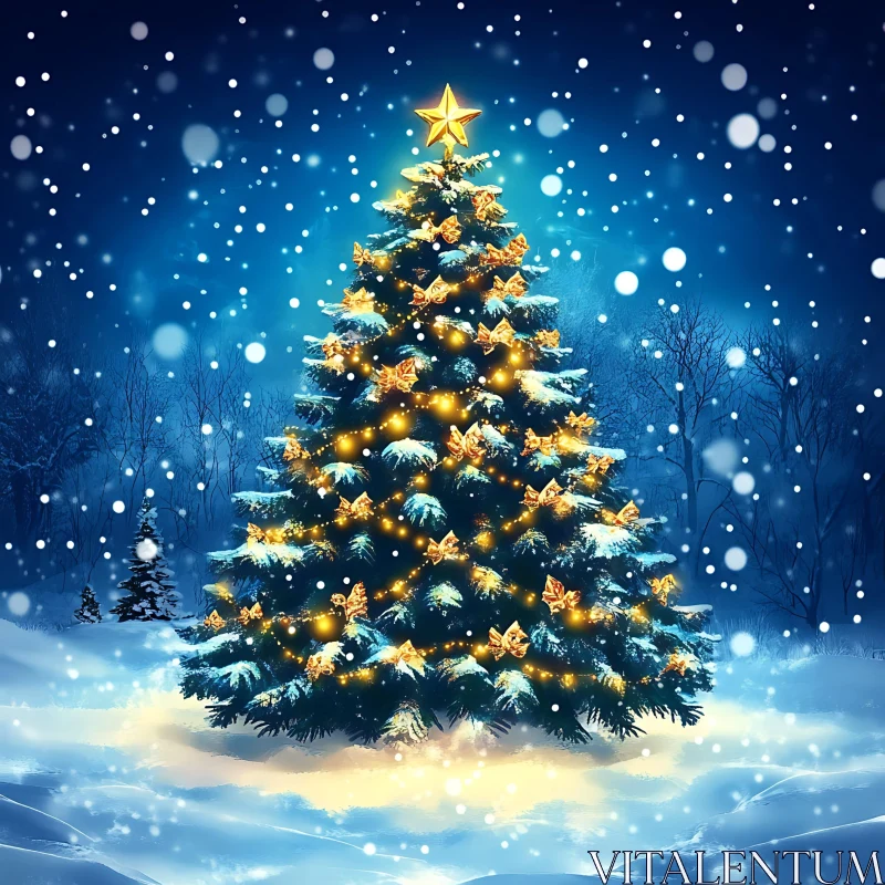 Christmas Tree with Golden Decorations in Snow AI Image