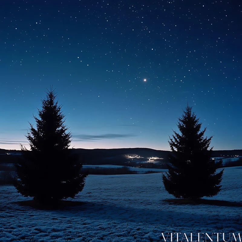 Serene Night with Pine Trees and Starlit Sky AI Image