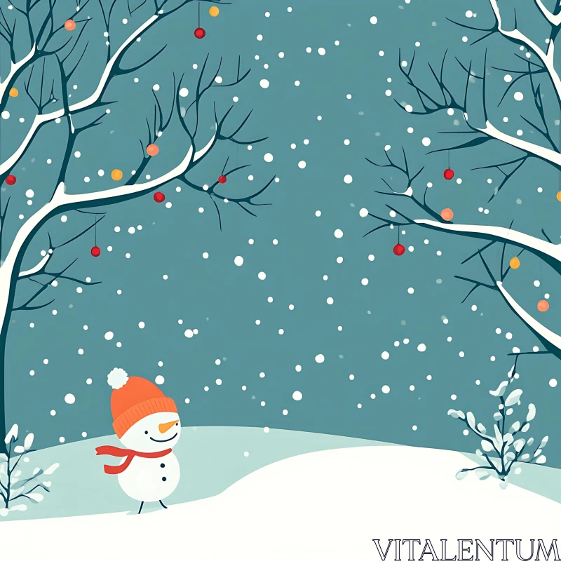 Snowman and Ornamental Trees in Snowy Scene AI Image