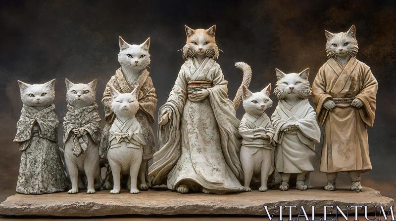 Japanese Dressed Cat Figures AI Image