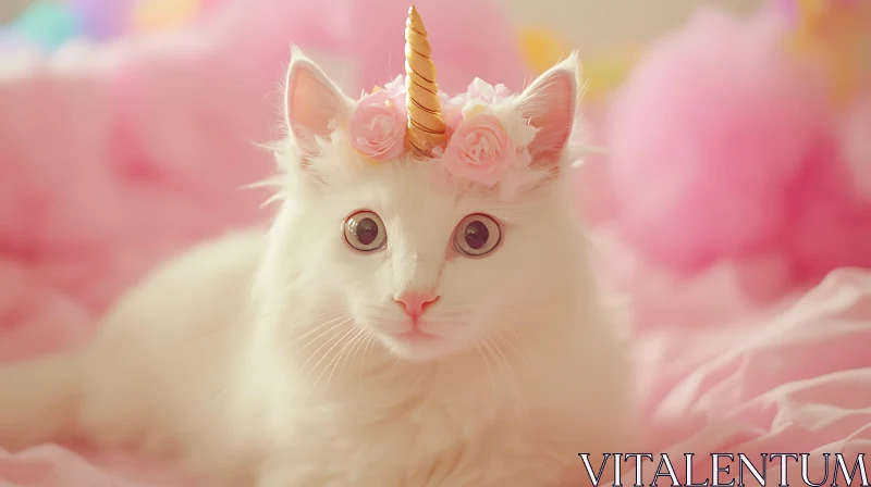 Fantasy White Cat with Unicorn Horn and Floral Crown AI Image