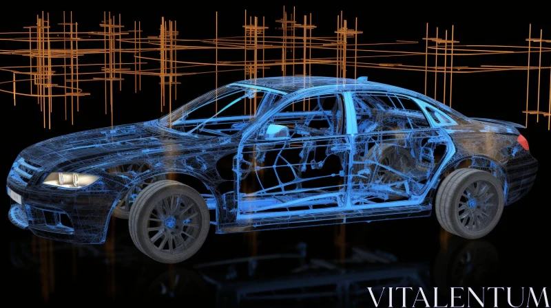 3D Car Model in Wireframe View on Reflective Surface AI Image