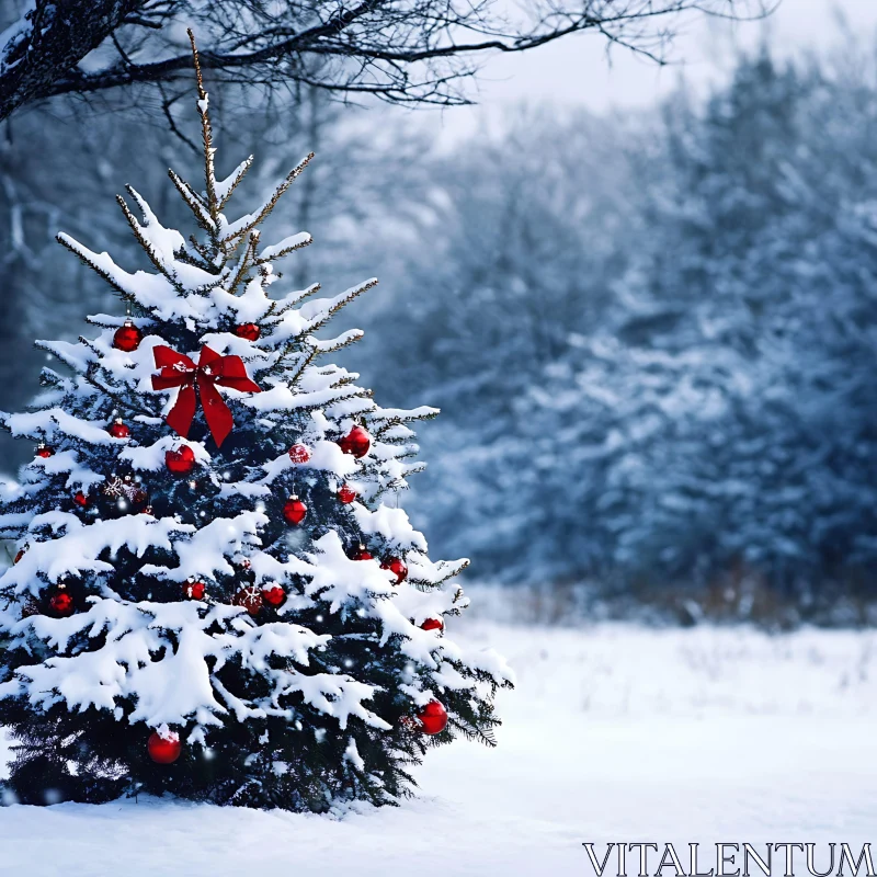 Festive Snow-Covered Christmas Tree in Scenic Winter Forest AI Image