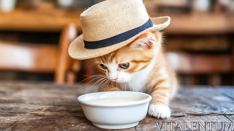 Cute Kitten with Hat looking at Milk AI Image