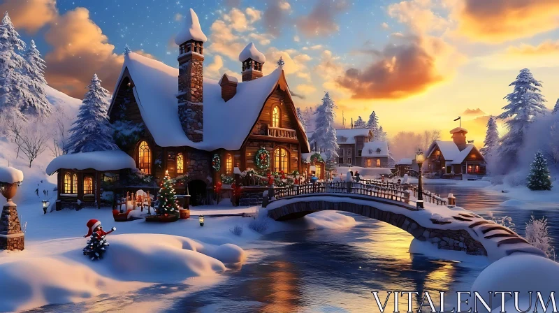 Festive Winter Village with Snow and Sunset AI Image