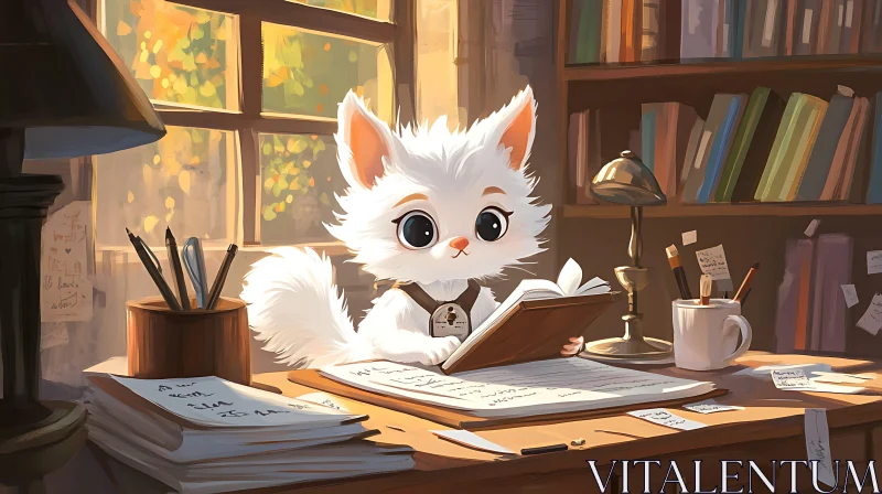 Charming Illustration of a Reading Cat in a Warm Study AI Image