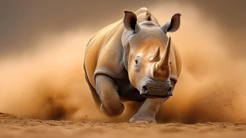 Rhino in Motion Through Dust