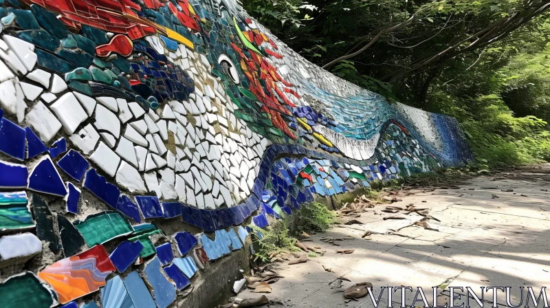 Captivating Mosaic Mural on a Curved Wall with a Red Dragon AI Image