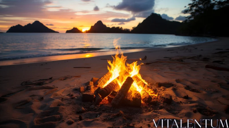Captivating Sunset Beach Scene with Campfire | Adventure and Serenity AI Image