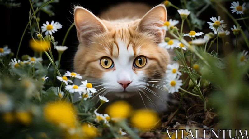 Curious Ginger and White Cat in Field of Flowers AI Image