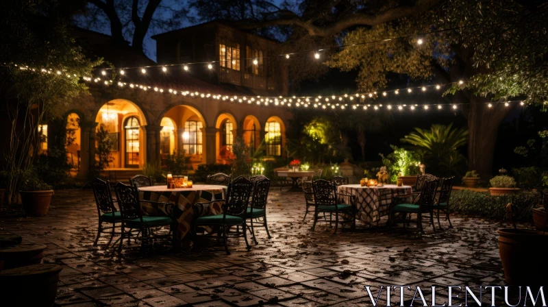 Enchanting Patio with String Lights: Italianate Flair and Southern Gothic-Inspired Ambiance AI Image