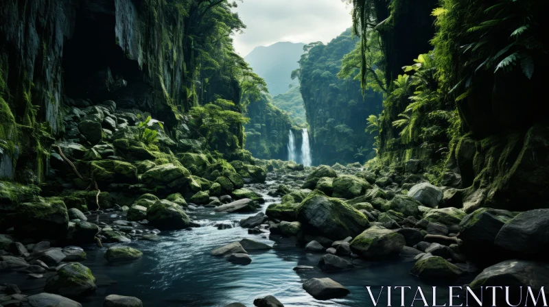 Enigmatic Jungle Landscape with Flowing River and Rocks AI Image