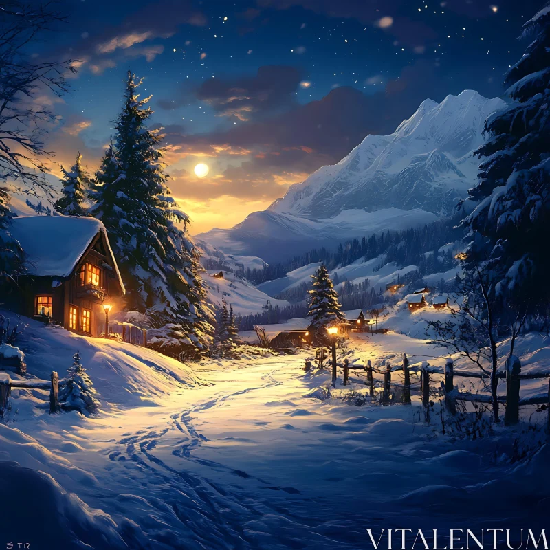 AI ART Moonlit Snowy Village Path