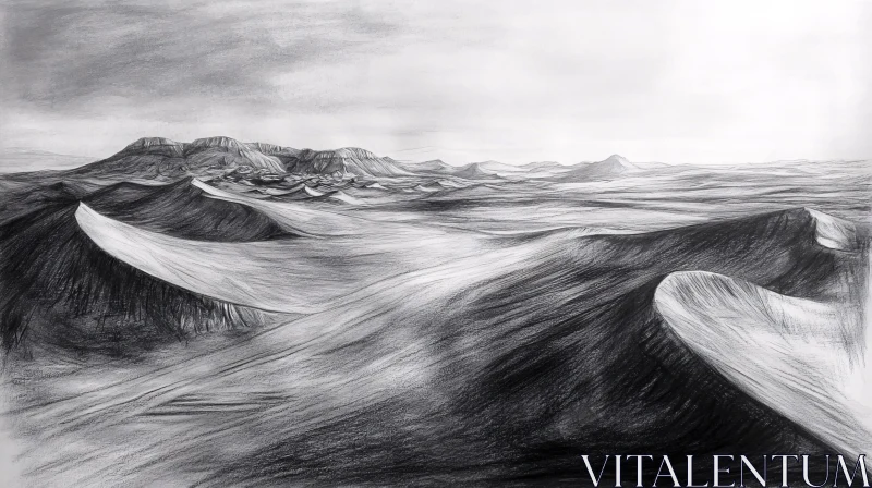 Charcoal Drawing of Dramatic Desert Landscape AI Image