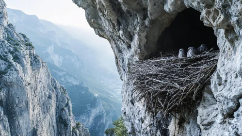 Owls in Cliffside Habitat with Mountain Scenery