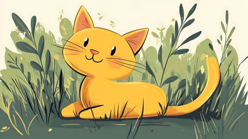 Cheerful Yellow Cartoon Cat in Nature