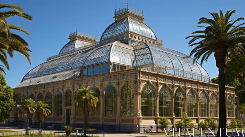 Glass Greenhouse with Ornate Metal Framework Surrounded by Palm Trees AI Image