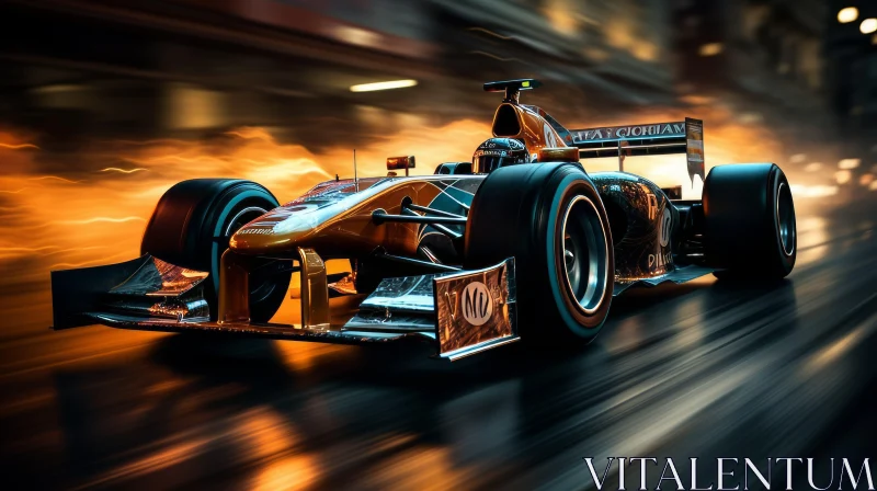 Gold and Bronze F1 Race Car Night Drive in City AI Image