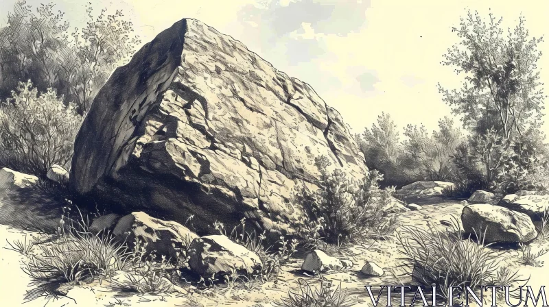 Gray Rock in Field: Digital Drawing of Nature Landscape AI Image