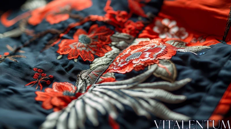 Intricately Embroidered Floral Design in Red and Gold on Black | Close-Up AI Image