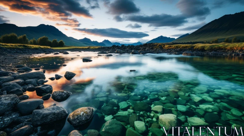 Serene River Reflection: A Captivating Sunset Landscape AI Image