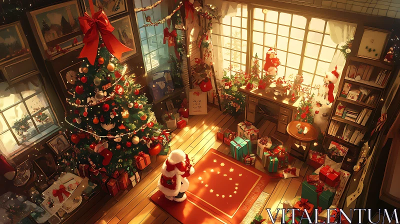 Festive Holiday Room with Christmas Tree Decorations AI Image