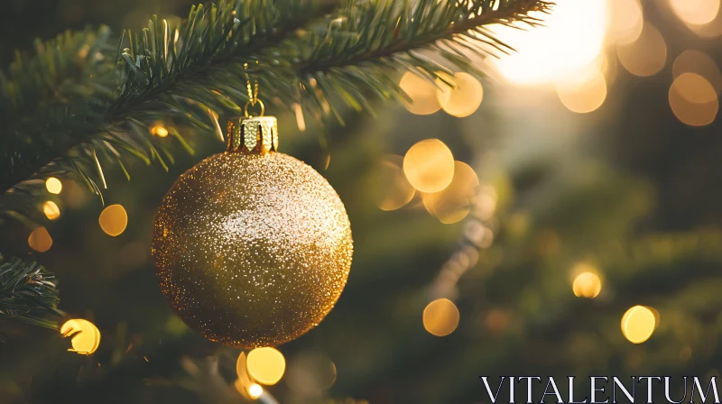 Festive Gold Ornament Hanging on Christmas Tree AI Image