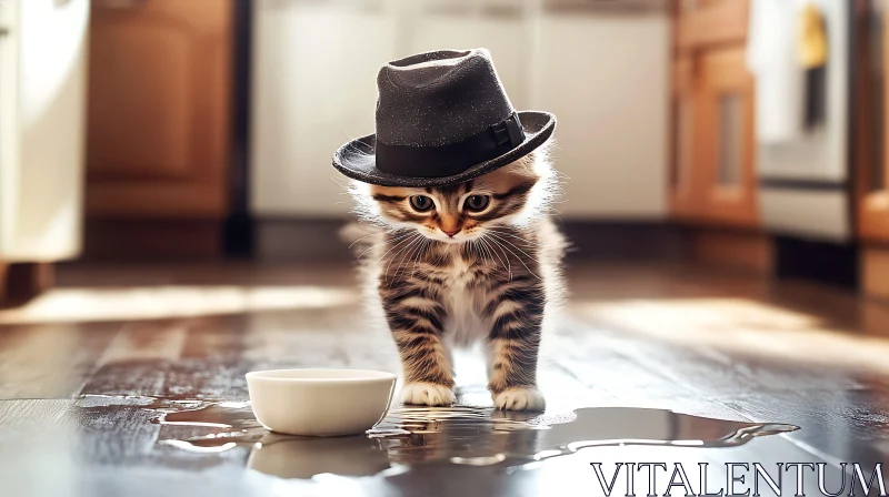 Inquisitive Kitten in Hat in Kitchen AI Image